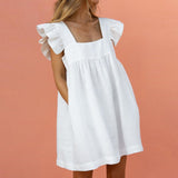 New Women Sweet Dress Summer Elegant Square Collar Puffles Sleeve Solid Mini Dress Ladies Casual Loose Pocket Beach