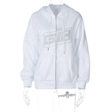 Y2K Fashion Rhinestone Zipper Oversized Hoodies E-girl Vintage Solid Letter Long Sleeve Black Sweatshirts Autumn