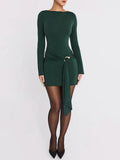 Long Sleeve Draped Bodycon Mini Dress- Outfit