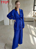 Casual Simple Loose Two Piece Sets Womens Outifits Autumn Long Sleeve Lace-up Lapel Shirt And Wide Leg Pants Set