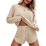 Knit Pajamas Suit Long Sleeved Top And Shorts With Casual Suit Home Clothes Sportswear Women's
