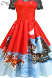 Christmas Costume Party Dress Short Sleeve Vintage Women Winter Xmas Sundress Robe