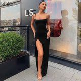 Sexy High Split Slash Neck Spaghetti Strap Dress Hip Package Floor Length Bodycon Senior Dress 2021 Women Party