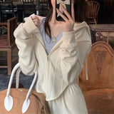 Zingj 2024 New Hong Kong Style Sports Leisure Suit Women's Salt Wear Fish Bone Waist Hoodie Two-Piece Trousers-Outfit