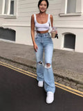 Broken Hole Slim Horn Jeans Woman-Outfit