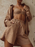 Tracksuit Stripe Shirt Shorts Three Piece Set Long Sleeve Top And Mini Shorts Outfit Female 2022 Summer Lady New