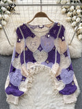 Fashion Casual Loose Blouse Women O Neck Hook Flower Hollow Long Sleeved Tassel Design Autumn Streetwear Knitting