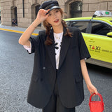 Sets Women Summer Simple Notched Short Sleeve Street Office Trendy Korean Style High Waist Baggy Cozy Female Two