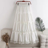 Summer Chiffon Beach Boho Long skirt Women Black White Lace pleated skirt Ladies Office High Waist Midi saia