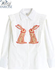 Women Vintage Rabbit Printed Shirt Single Breasted Streetwear Sweet Chic Fashion Oversized Loose Female All-match Blouses