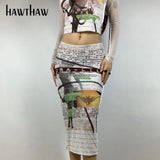 Women Autumn Winter Long Sleeve Printed T Shirt Pencil Skirt Two Piece Set Suit Outfit 2021 Fall Clothes Wholesale