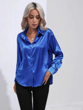 Satin Shirt Satin Imitation Silk Long-Sleeved Pure Color Elegant Button Front Lapel