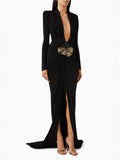 Exploding Black Long-Sleeved Hollow V-Neck Cross Dress Metal Fishtail Elegant