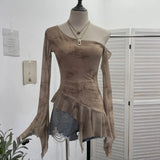 Personality Tie-Dye-Print Oblique Shoulder Dress Repair Irregular Lotus Horn Long-Sleeved Mesh T-Shirt