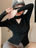 Knitting Top Hollow Out Casual Sexy Long Sleeve Skinny Autumn 2022 Streetwear Korean Chic White Fashion New Year