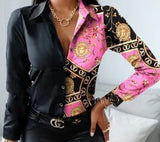 Long Sleeve V-neck Color-block Retro Shirt