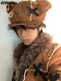 Punk Gothic Solid Vintage Button Hat Women Y2k Aesthetic Bear Doll All Match Hats Autumn Winter Grunge New Streetwear