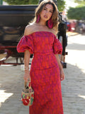 Tie Dyed Bodycon Maxi Skirt Suit For Women Sexy Off Shoulder Puff Short Sleeve Cropped Top Set New Lady Chic Outfit