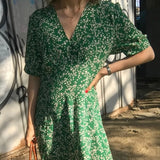 Women Korea Chic Summer Dress Printed Flower V-neck Dress for Women Casual High Waist Mid Length Dress Vestido