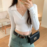 Style Spice Girl Polo Waist Long-Sleeved T-Shirt Women's Early Autumn New Bottomed Shirt White