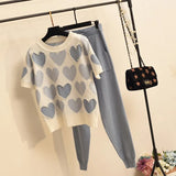 Blue Pink Summer Printed Knitted 2 pieces Set Women Short Sleeve Beading Sweater Tops+Capris Pants Suit
