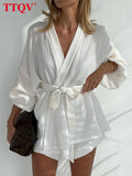 Casual White Women's Suit Fashion High Waist Shorts Set Female Elegant Loose Long Sleeve Lace-up Robes Two Piece