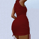Fashion Sport Casual Lapel Drawstring Sheath Dress Summer Simple Sexy Women Sleeveless Solid Color Bodycon Mini