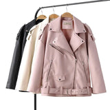 Autumn Women Loose Leather Jackets Turndown Collar Rivet Epaulet Zipper Biker Overcoat Female Faux Soft Leather
