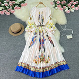 Zingj New Women's Dress Oversized Skirt Print Pleated Waist Lace Holiday