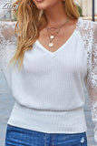 Backless Women Lace Blouse V Neck Long Sleeve Lace Stitching Shirts Sweet Spring Elegant White Woman Blouses Top
