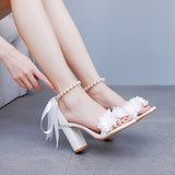 Cm White Flowers Thick Heel Sandals Shallow Word With Square Fish Mouth Sandals White Beads Drifted