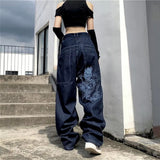 street clothing retro trend pocket jeans female letter star print high waist casual oversized straight pants