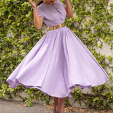 Female Party Big Hem Dress Elegant Women Short Sleeve Crew Neck A-Line Dress Chic Summer Buttoned-up Waisted Long