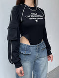 Streetwear Stripe Stitching Cargos Black Autumn Bodysuit Women Tops Fashion Elegant Bodies Pockets One Piece