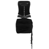 Leather Suit PU Leather Splicing Waist Tsets Hollow Folding Net Lace-Uped Ass