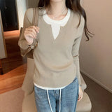Ins Color Splicing Fake Two Long-Sleeved Tops Women's New Minority Autumn And Winter Knitted Bottomed