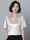 Women Shirt Embroidered Womens Tops Satin Short Sleeve Blouse 2023 Summer Fashion Female Clothing Casual Shirts for
