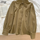 Lace-Up Kawaii Shirt Women New In Korean Preppy Style Button Up Elegant Blouse Mujer De Moda Loose Top Japanese