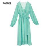 2021 Women Dress Heart Print vestidos Wrap around v neck Long sleeve Fashion Pink Chiffon