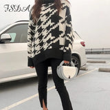2020 Turtleneck Loose Sweater Dress Women Casual Knitted Jumper Oversized Long Sleeve Autumn Winter Houndstooth