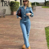 Blue Denim Jumpsuit Women Elegant Long Jumpsuits Woman 2023 Long Sleeve Jean Woman Jumpsuit Straight Leg Summer
