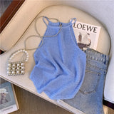 Ice Silk Knitted Sling Vest Women's Summer French Sweet Spicy Wind Hollow Hanging Neck Short Sleeveless Cut Shoulder