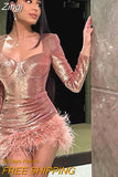Women Sexy Mini Sequin Dress with Feather Long Sleeve Low Cut Bodycon Short Dress Party Club Sparkle Glitter