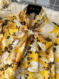 Fashion Printed Suits Women Bow Collar Lantern Sleeve Floral Blouse+Belt Solid Long Pants Streetwear Senior