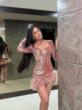 Women Sexy Mini Sequin Dress with Feather Long Sleeve Low Cut Bodycon Short Dress Party Club Sparkle Glitter