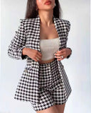 2022 Tweed Two pieces set Women Vintage V Neck Long Sleeve Office Lady slim Blazer Coat Female Hight Waist Shorts