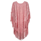 Beach Cover Up Summer Camel Suede Floral Hollow Out Fringed Bikini Cover-ups Vintage Women Beachwear Kimono Cardigan