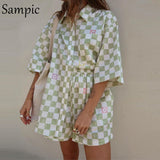 Casual Women Lounge Wear Summer Plaid Tracksuit Shorts Set Short Sleeve Shirt Tops And Mini Shorts Suit Two Piece