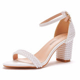 Cm Thick Heel And Light Mouth With Sandals Round Head Square Sandals White Pearl Wedding Shoes Size 44 Yards 45