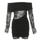 Women's Clothing 2025 Autumn New French Temperament Word Shoulder Long-Sleeved Lace Hollow Bagged Hip